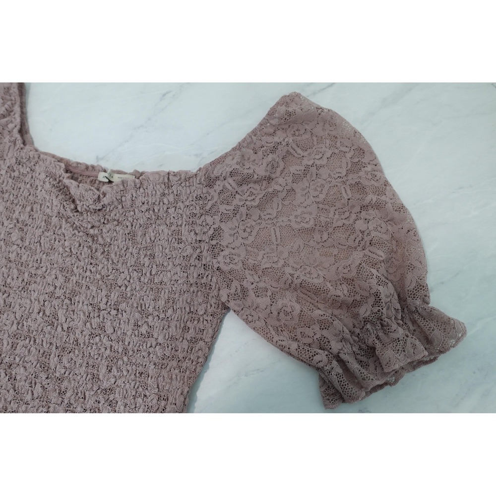 Active USA Blouse Womens Medium Pink Lace Puff Sleeve Square Neck Crop Top - Picture 6 of 9